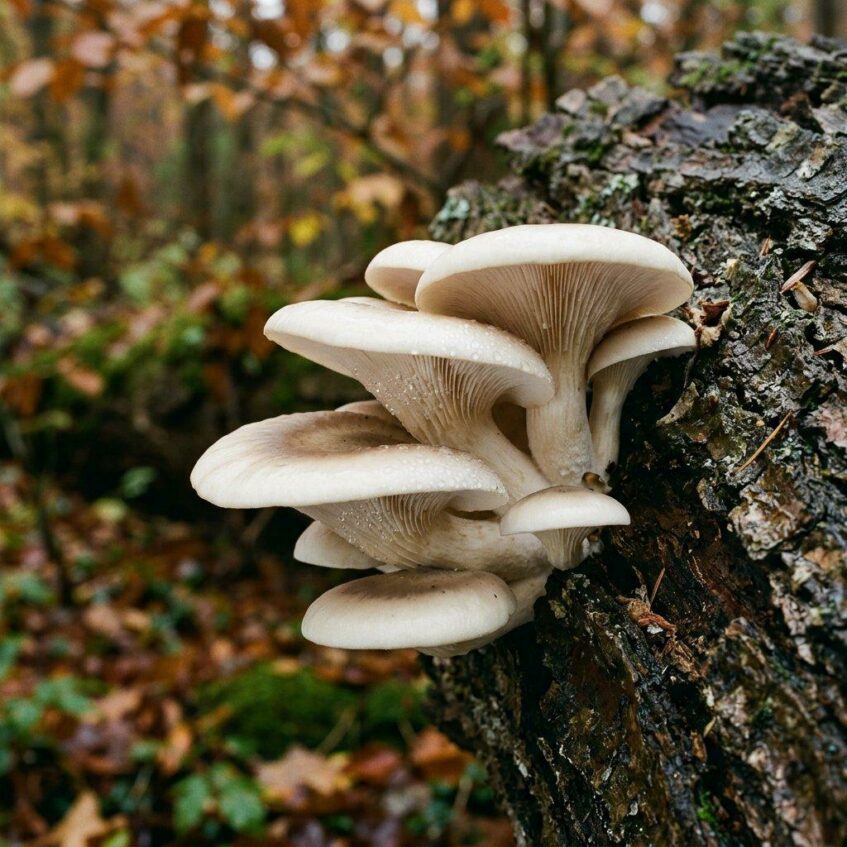 Pleurote de l'orme (Hypsizygus ulmarius) présentant un chapeau clair et des lames sous le chapeau